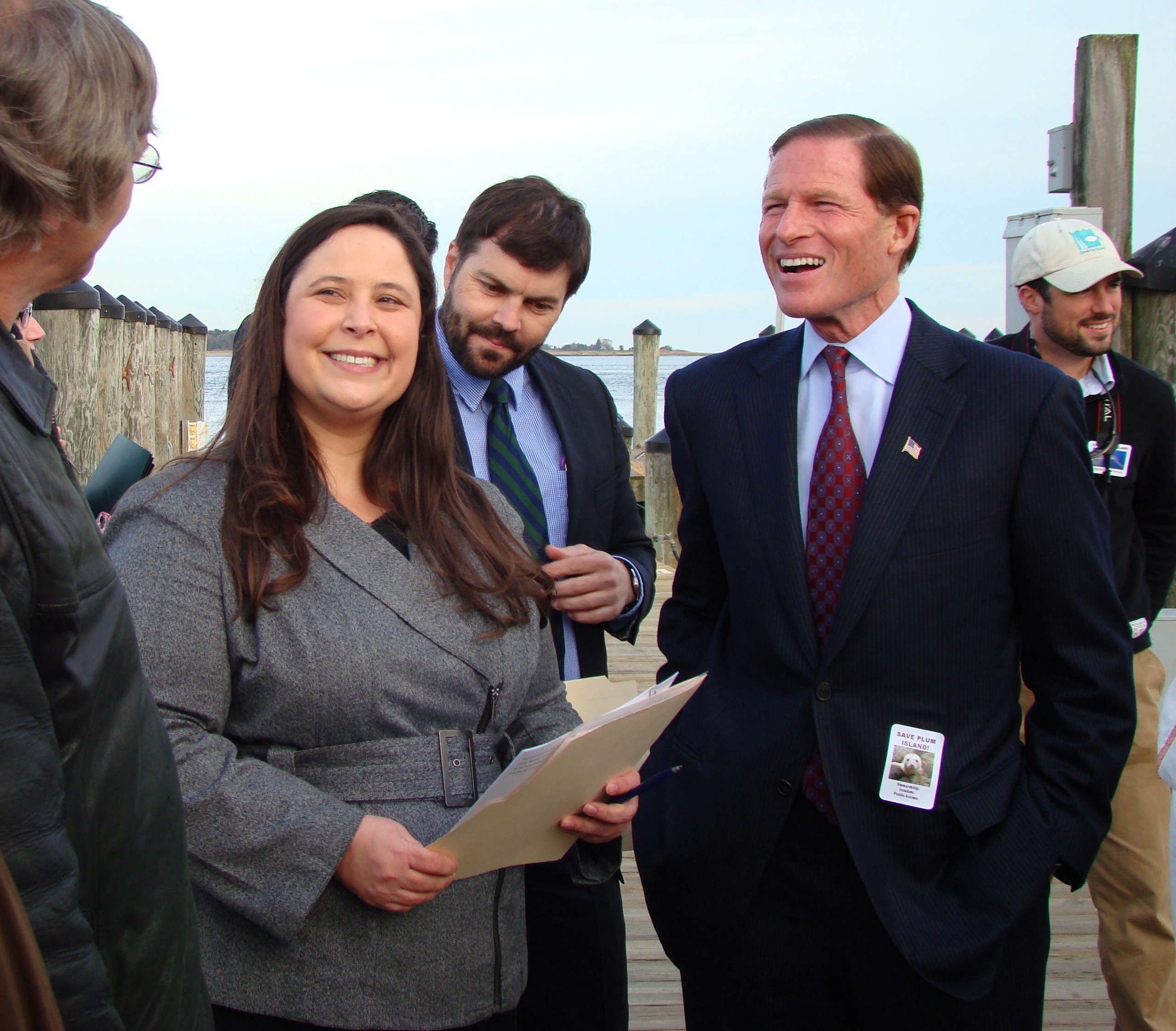 Senator Blumenthal joins Save the Sound's Leah Lopez Schmalz and other advocates at a press conference about the importance of preserving Plum Island. The press conference preceded public hearings in Old Saybrook, CT and Greenport, Long Island, at which many members of the public, the Connecticut and New York environmental communities, and elected officials spoke out to ask the federal government to conserve the island.