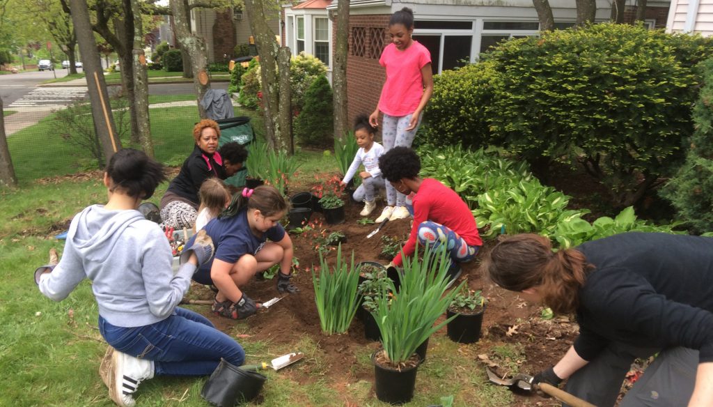 Half a dozen multi-racial young people dig in front of a hours with potted plants