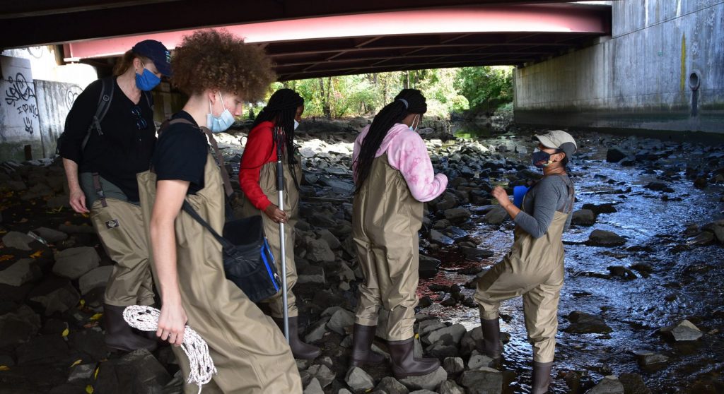 Elena Colon leads youth from the Mount Vernon Boys and Girls Club on a streamwalk in Oct 2020