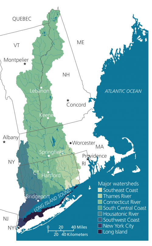 Map showing the full watershed of LI Sound, with the CT River watershed extending to Canada