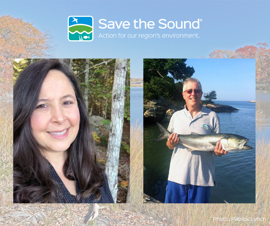 Photo of Leah Lopez Schmalz in woods and Curt Johnson on a dock with fish, with background of a marsh