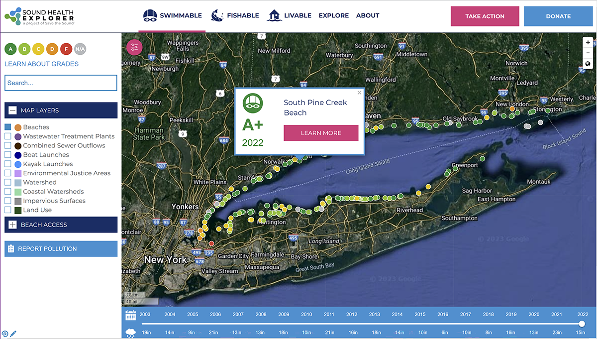 Screenshot of Long Island Sound showing colored circles for trends in water quality at beaches