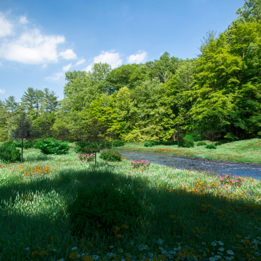 artist's rendering of Dana Dam restoration site, showing a small river surrounded by meadow of grasses and flowers with trees in background